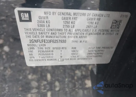 2015 Chevrolet Equinox 1Lt из США, поврежденный, VIN 2GNFLFE33F6257930